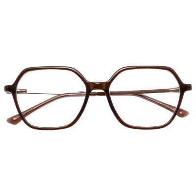 Modern Geometric Acetate & Metal Optical Frame - Transparent Brown with Slim Metal Temples