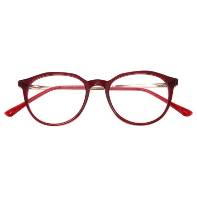  Vintage Round Acetate & Metal Glasses - Glossy Wine Red Frame